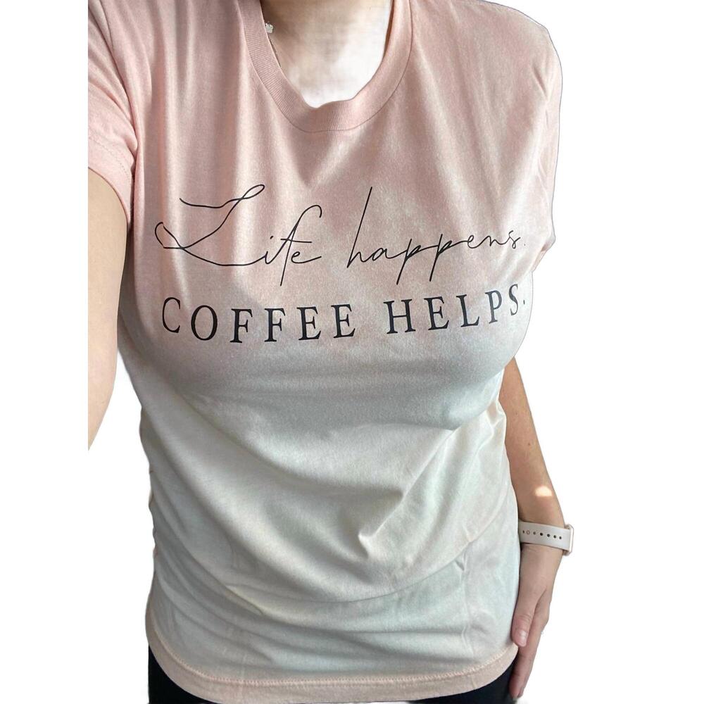 NEW WHITE LABEL life happens. coffee helps. bleached tee in multi